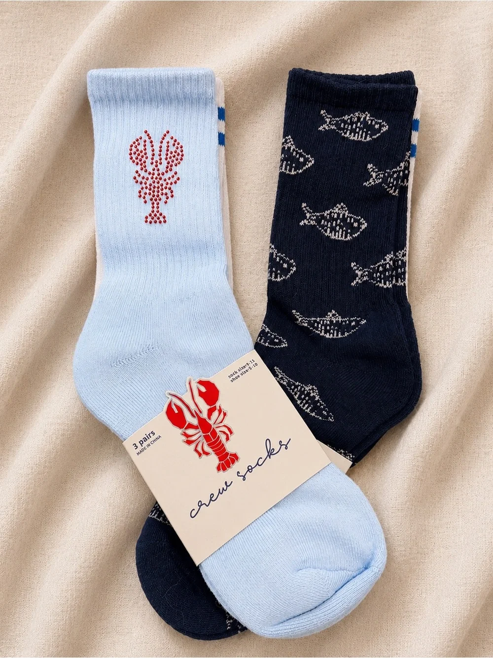 3 Pairs Women’s Crew Socks • Crawfish Rhinestone Retro Stripe Nautical Fish